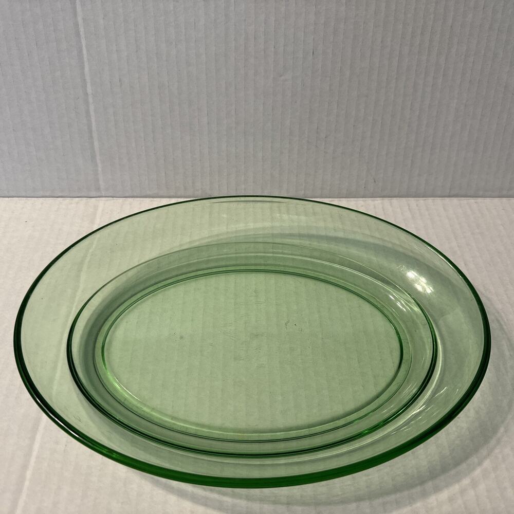 Vintage Green Depression Glass Platter Bowl Tray 9.75" Country Brunch No Cracks